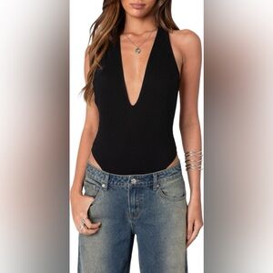Edikted Plug Neck Halter Bodysuit in Black